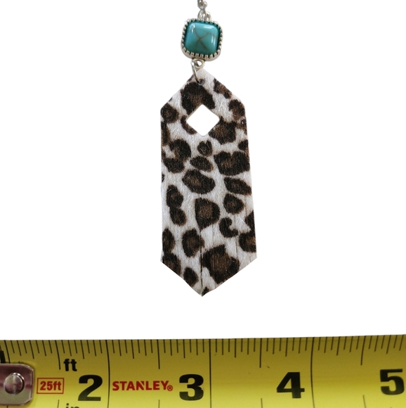 Leopard Faux Fur & turquoise Drop Fringe earrings - Picture 2 of 3